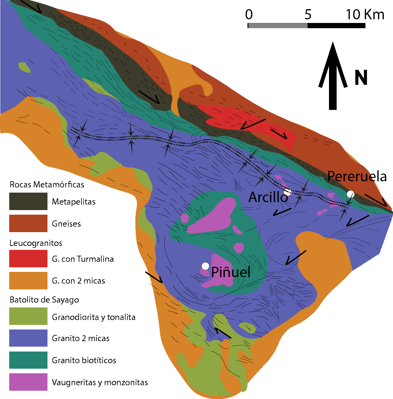 Mapa geológico de parte del batolito en el que están incluidas las partes vaugneríticas